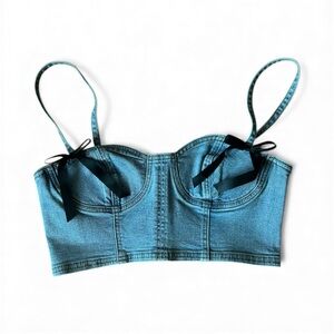 PacSun Denim Blue Crop Top with Black Bows